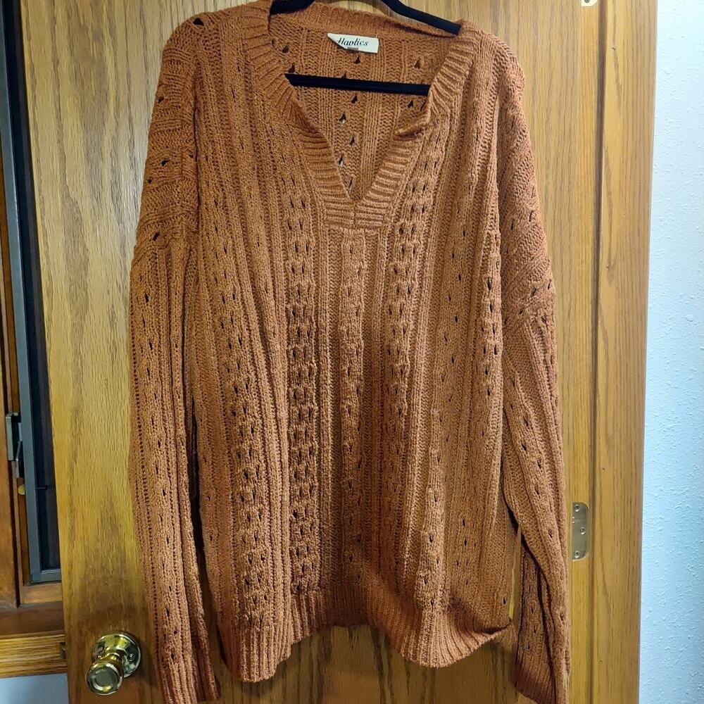 Haptics From The Top Cable Knit Knotched Neckline Sweater In Rust 3x plus - Picture 2 of 7